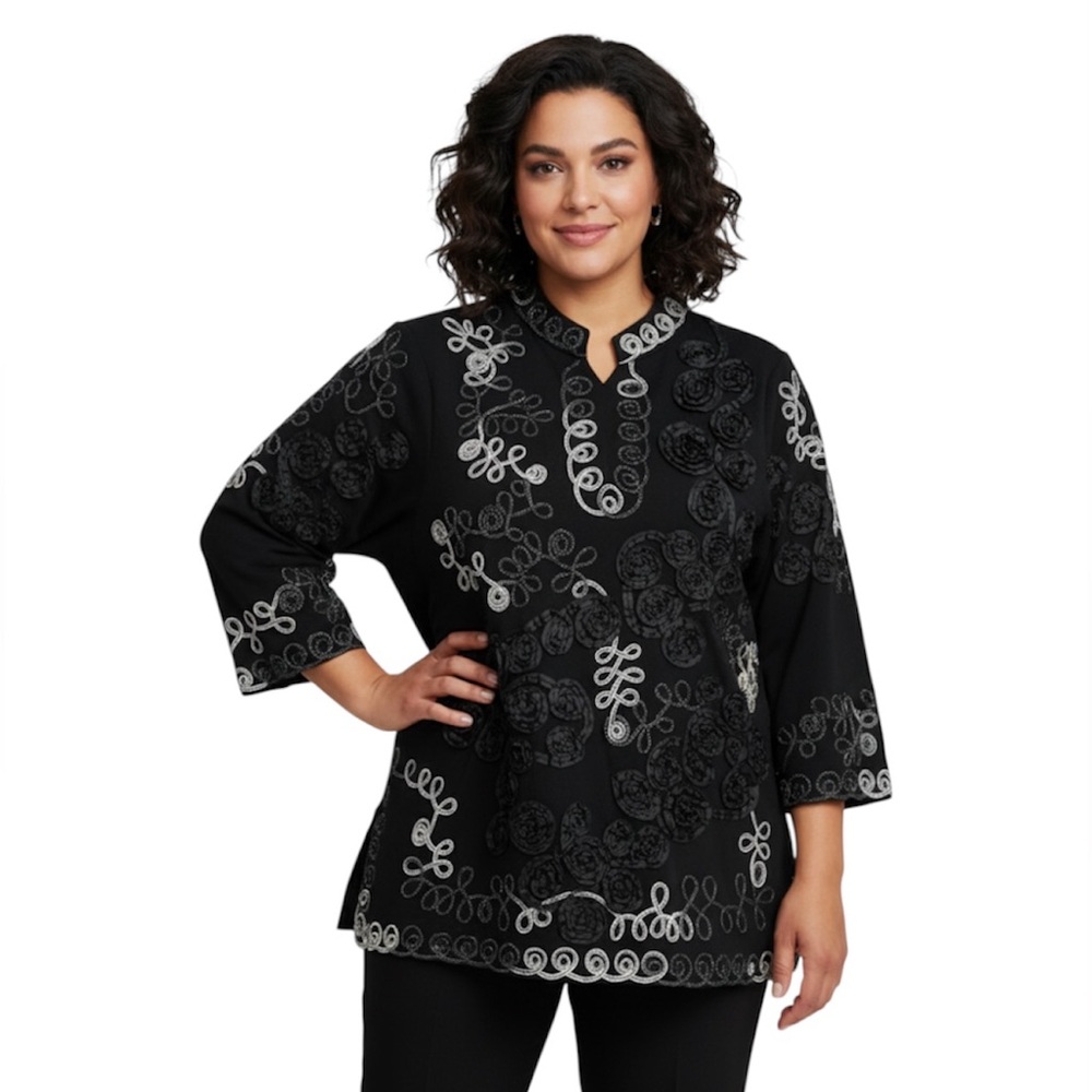 Lauren Michelle Black Tunic with Gray Embroidered Trim 1X -see description